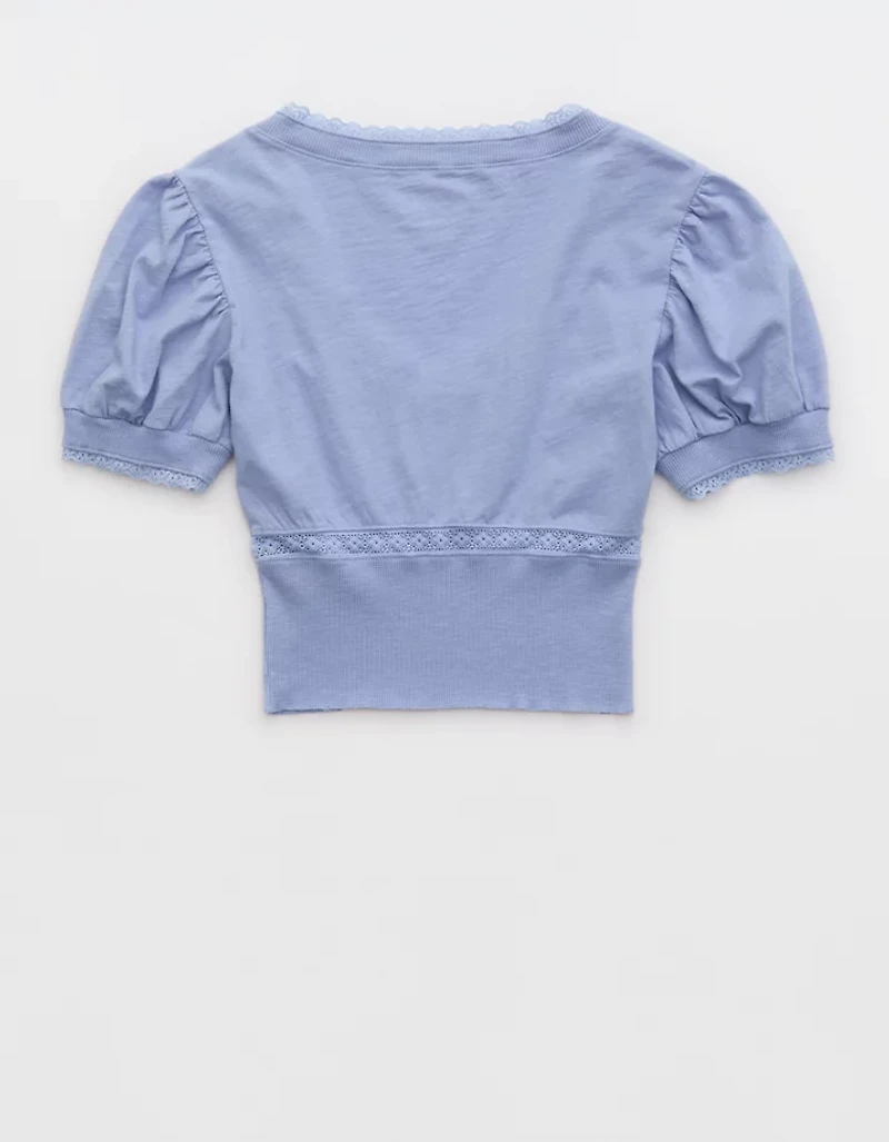 Aerie Cropped Lace Trim V-Neck T-Shirt