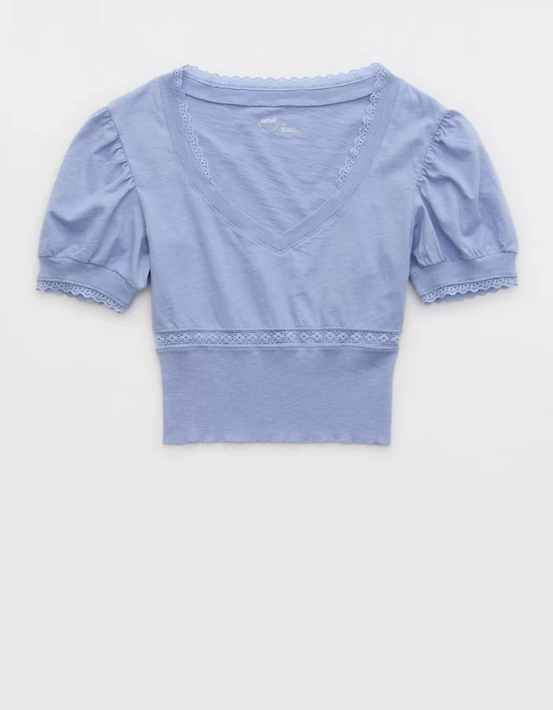 Aerie Cropped Lace Trim V-Neck T-Shirt