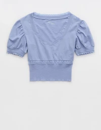 Aerie Cropped Lace Trim V-Neck T-Shirt