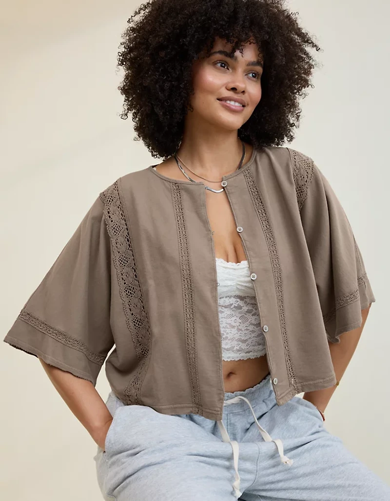 Aerie Short Sleeve Crochet Cardigan