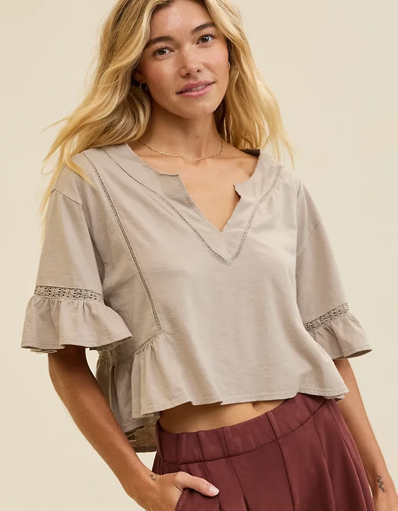 Aerie Flowy Cropped Notch Neck T-Shirt