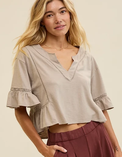 Aerie Flowy Cropped Notch Neck T-Shirt