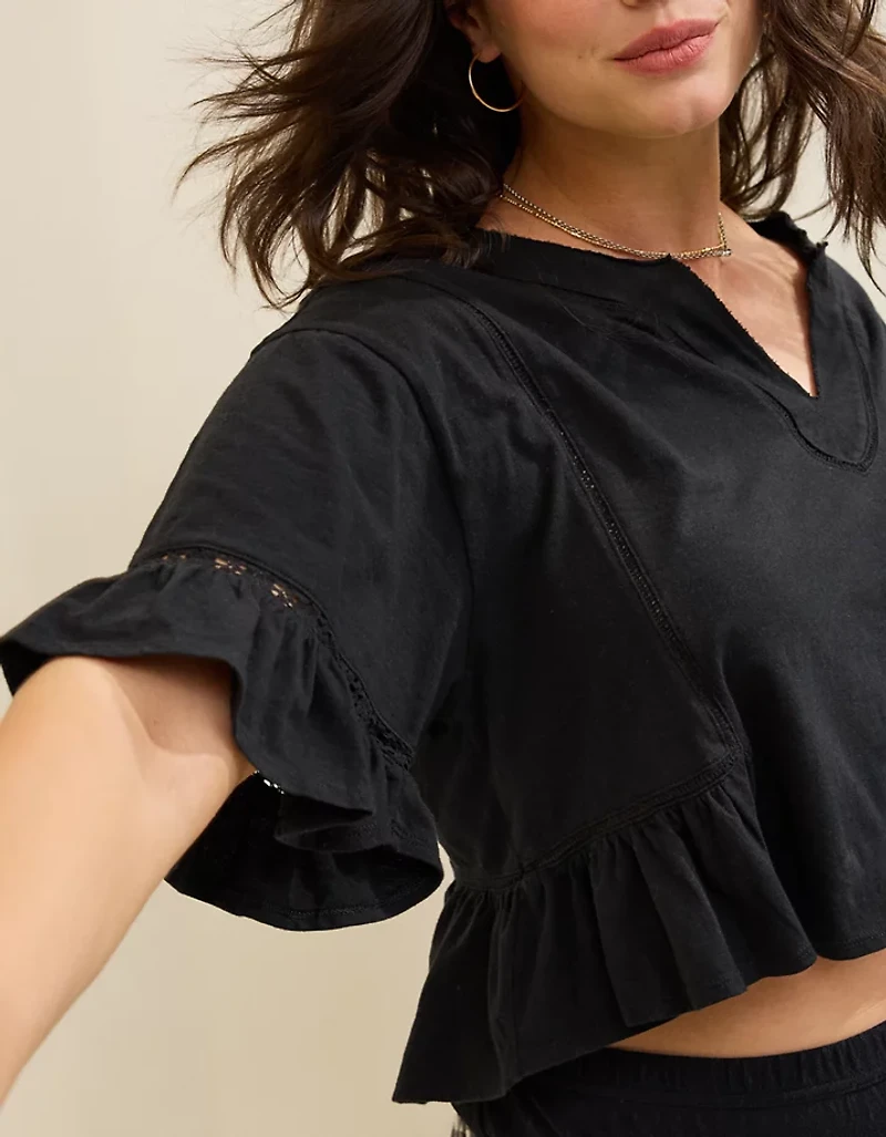 Aerie Flowy Cropped Notch Neck T-Shirt