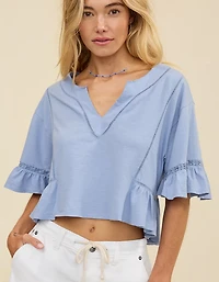 Aerie Flowy Cropped Notch Neck T-Shirt