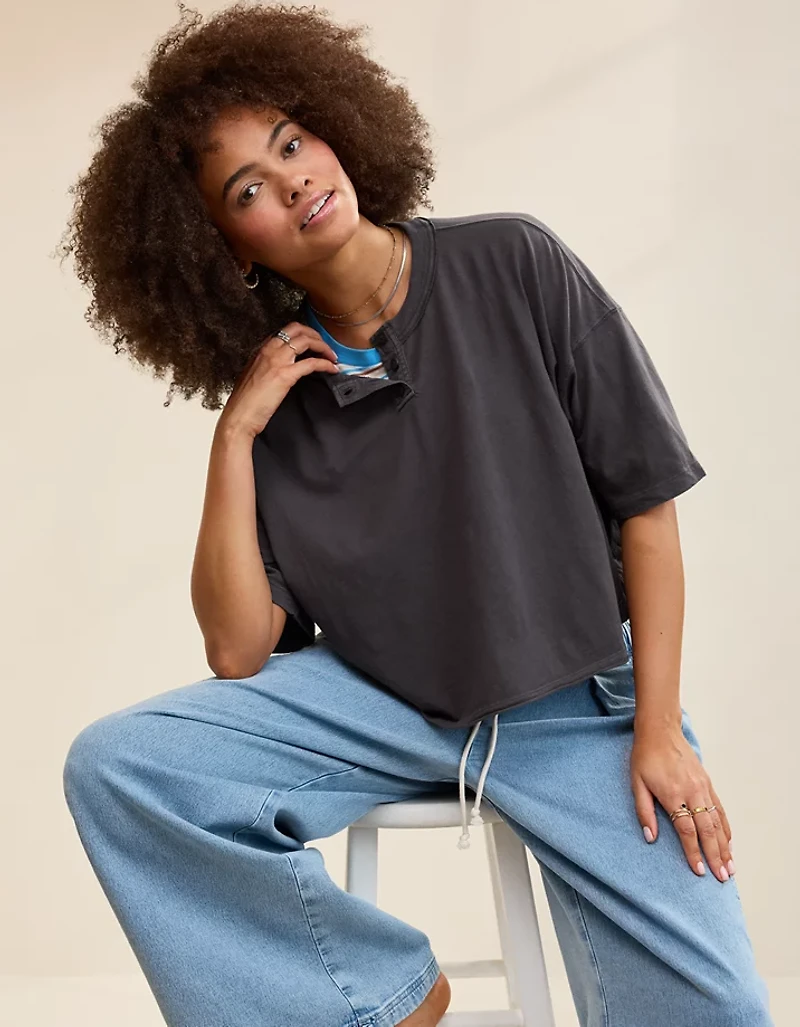 Aerie Remix Henley Cropped T-Shirt