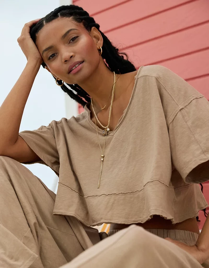 Aerie Happiest Cropped V Neck T-Shirt