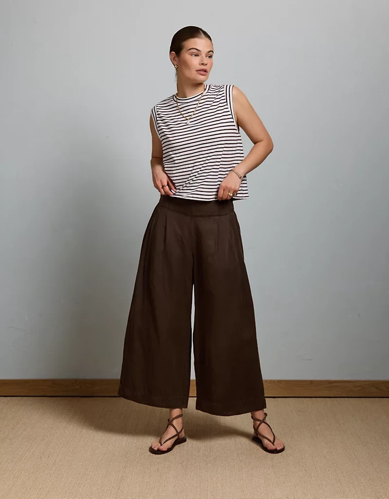 AE77 High-Waisted Linen Pleated Ankle Pant