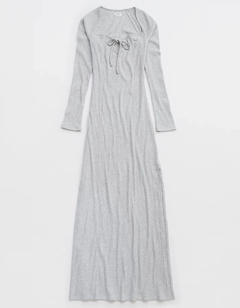 Aerie Long Sleeve Knit Tie Front Maxi Dress