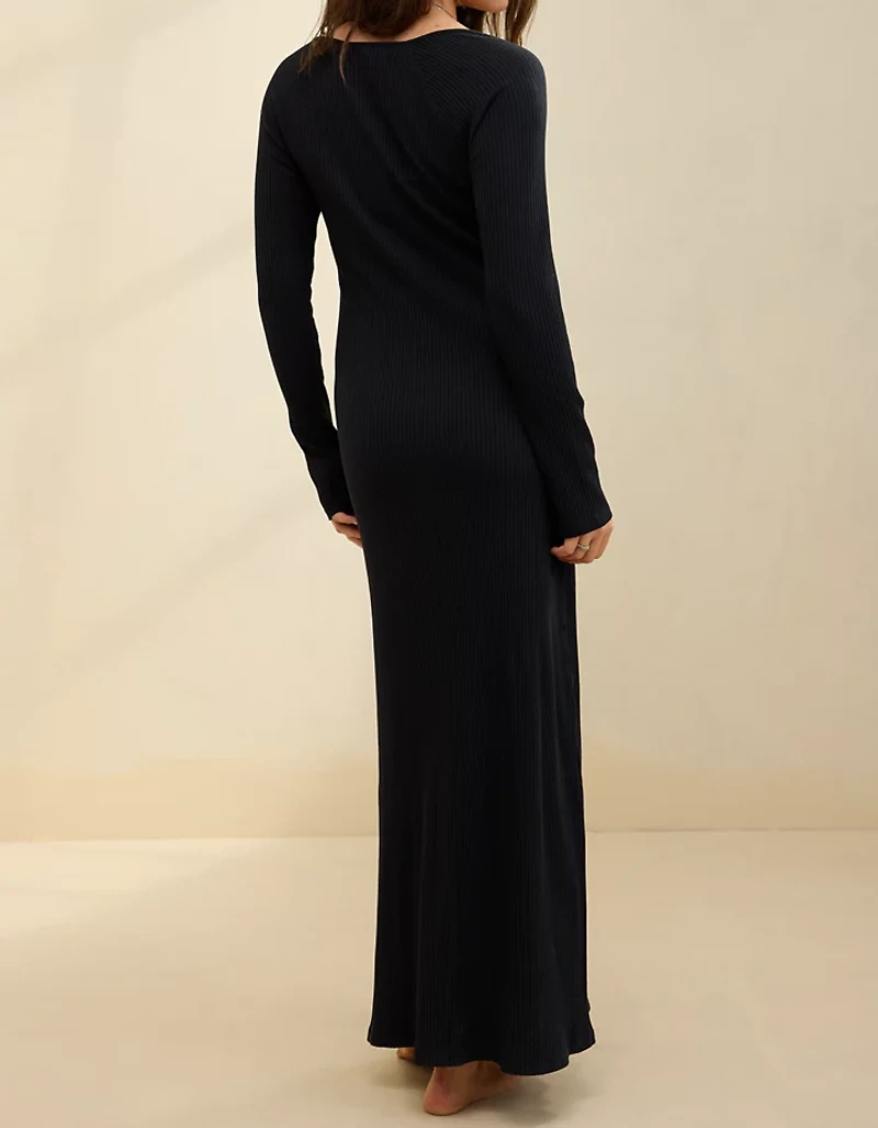 Aerie Long Sleeve Knit Tie Front Maxi Dress