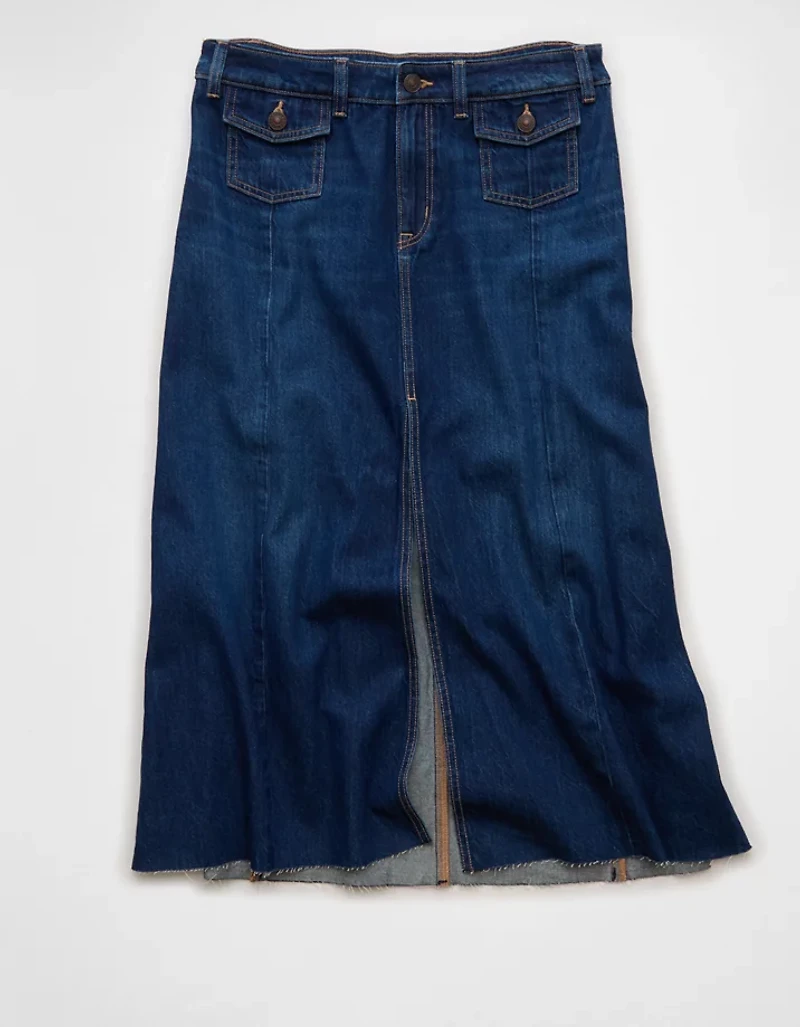 Jupe mi-longue trapèze en denim à taille basse AE