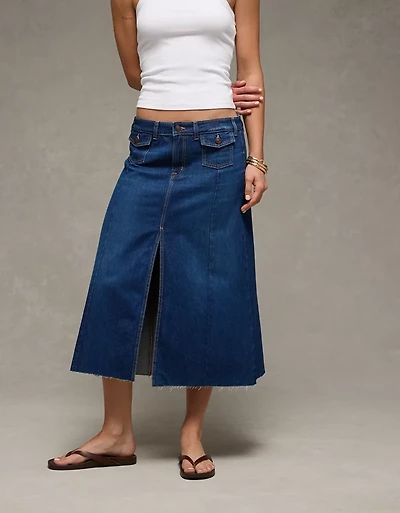 Jupe mi-longue trapèze en denim à taille basse AE