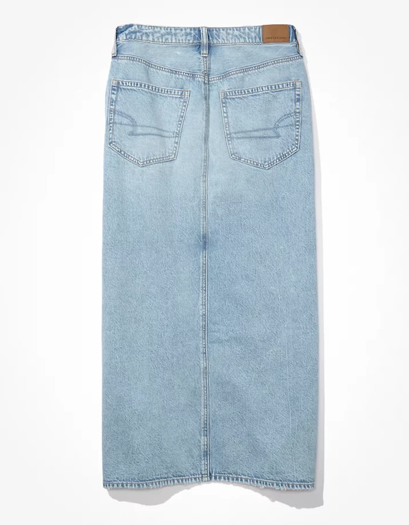 AE Dreamy Drape Low-Rise Denim Maxi Skirt