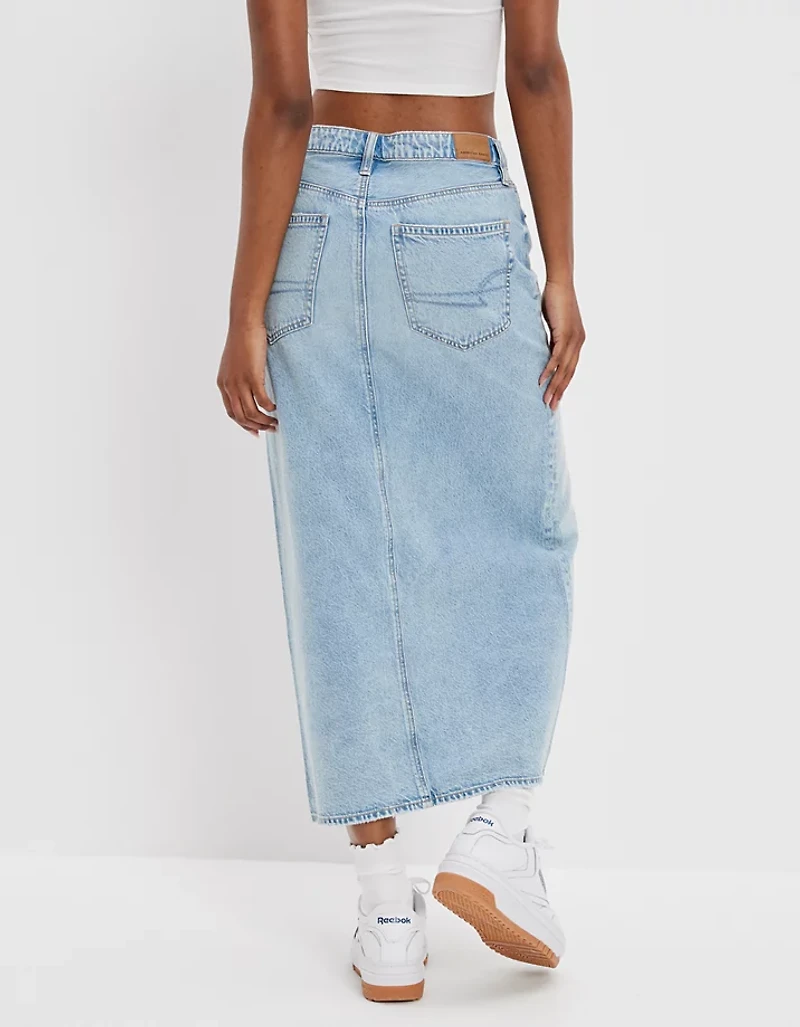 AE Dreamy Drape Low-Rise Denim Maxi Skirt