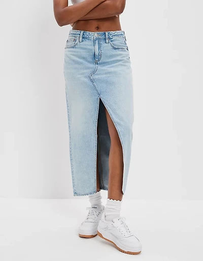 AE Dreamy Drape Low-Rise Denim Maxi Skirt