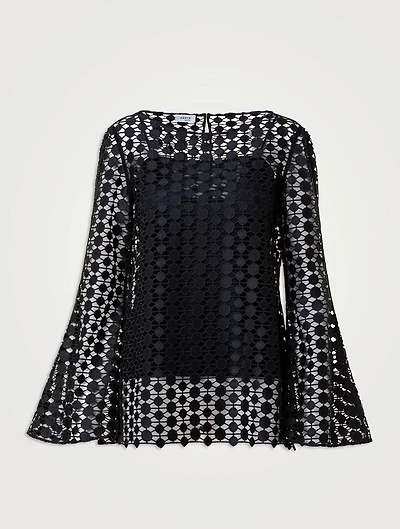 Bell-Sleeve Guipure Embroidered Blouse