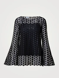 Bell-Sleeve Guipure Embroidered Blouse