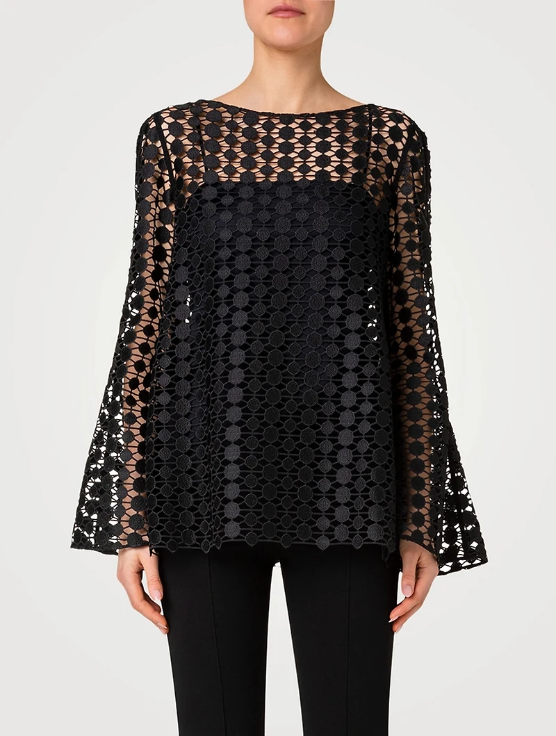Bell-Sleeve Guipure Embroidered Blouse