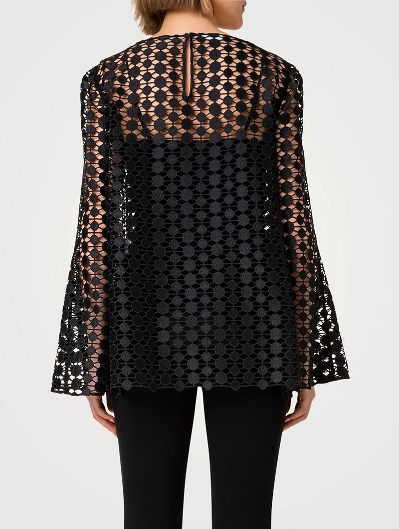 Bell-Sleeve Guipure Embroidered Blouse