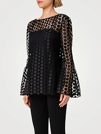 Bell-Sleeve Guipure Embroidered Blouse