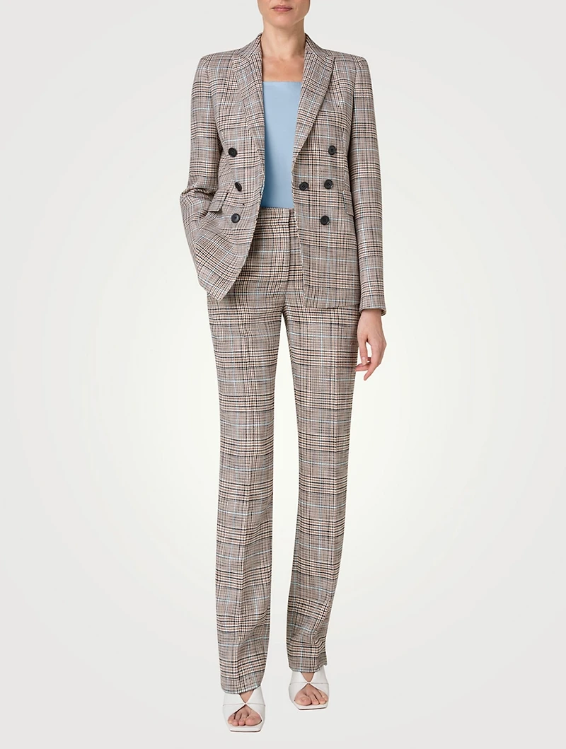 Stretch Straight-Leg Pants Check Print