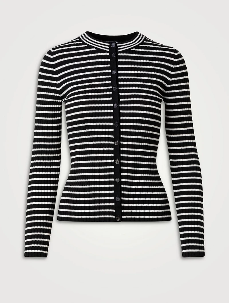Wool Crewneck Cardigan Striped Print