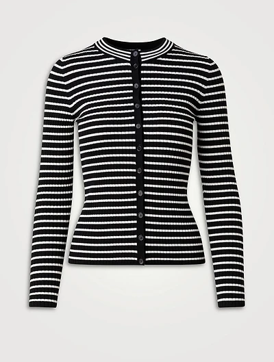 Wool Crewneck Cardigan Striped Print
