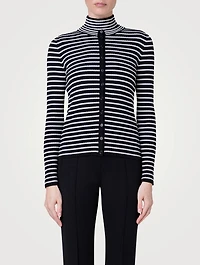 Wool Crewneck Cardigan Striped Print