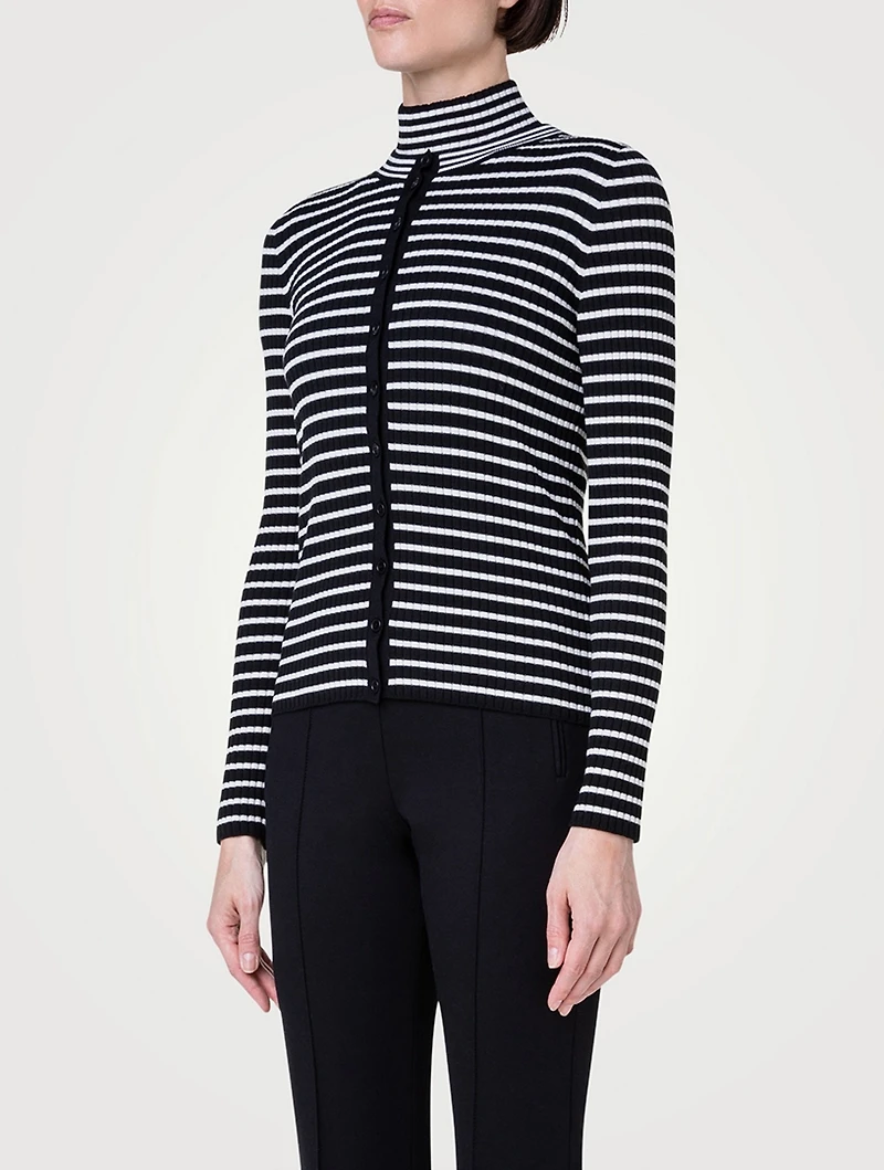 Wool Crewneck Cardigan Striped Print