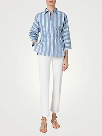 Drawstring Cotton Satin Shirt Stripe Print