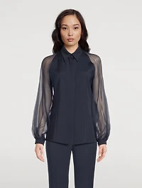 Silk Stretch Crêpe Blouse with Transparent Organza Sleeves