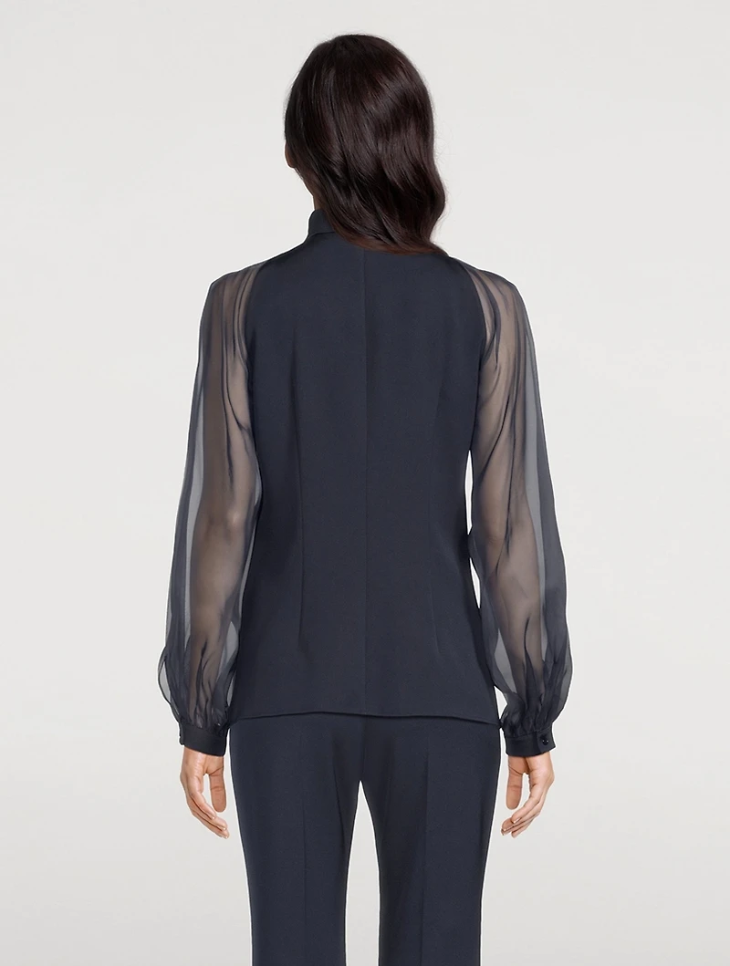 Silk Stretch Crêpe Blouse with Transparent Organza Sleeves