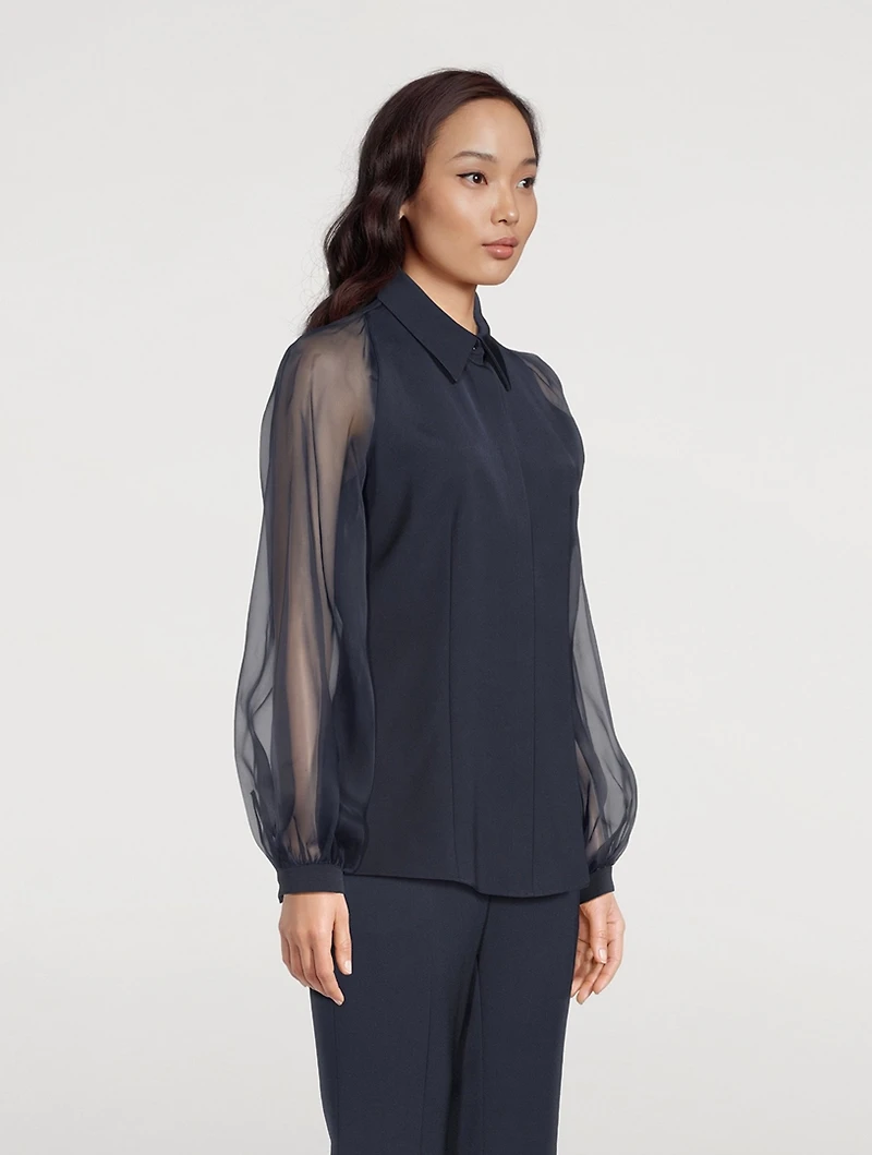 Silk Stretch Crêpe Blouse with Transparent Organza Sleeves