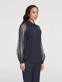 Silk Stretch Crêpe Blouse with Transparent Organza Sleeves