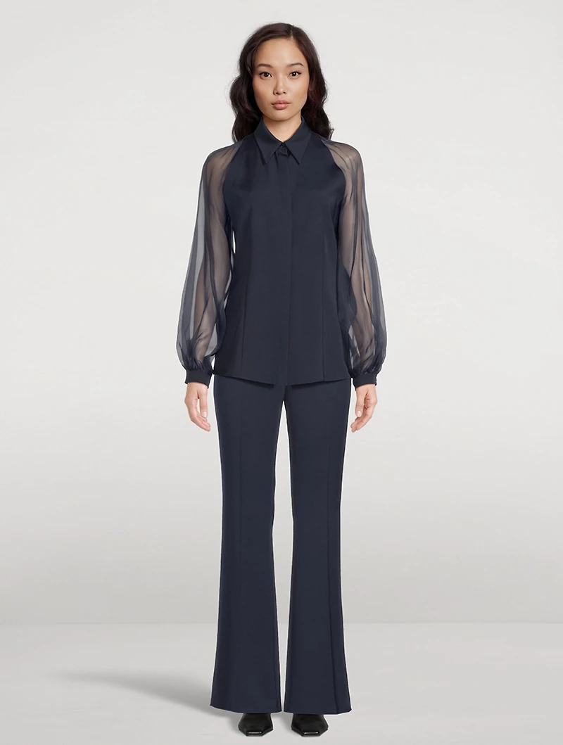 Silk Stretch Crêpe Blouse with Transparent Organza Sleeves