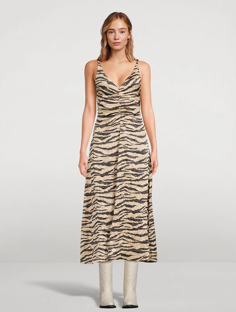 Crinkled Satin Maxi Dress Zebra Print
