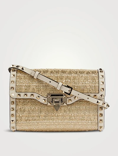 Small Rockstud Bouclé Raffia Crossbody Bag
