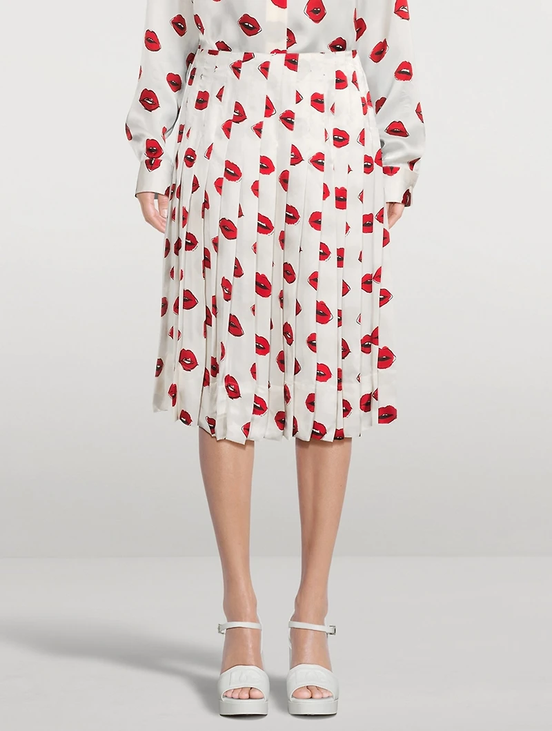 The Tudi Pleated Midi Skirt Lip Print