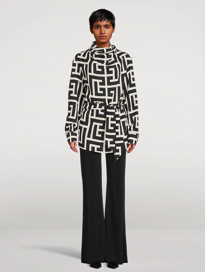 Belted Crepe Blouse Monogram Print