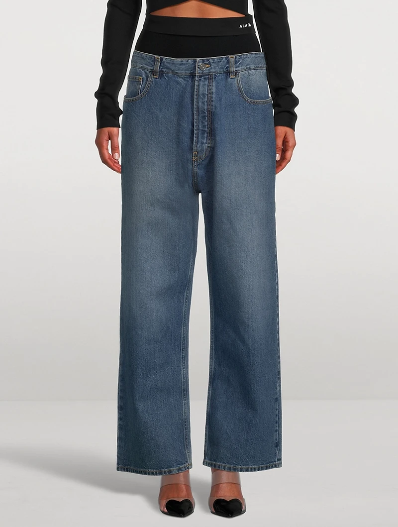 Knit Waistline Washed Jeans