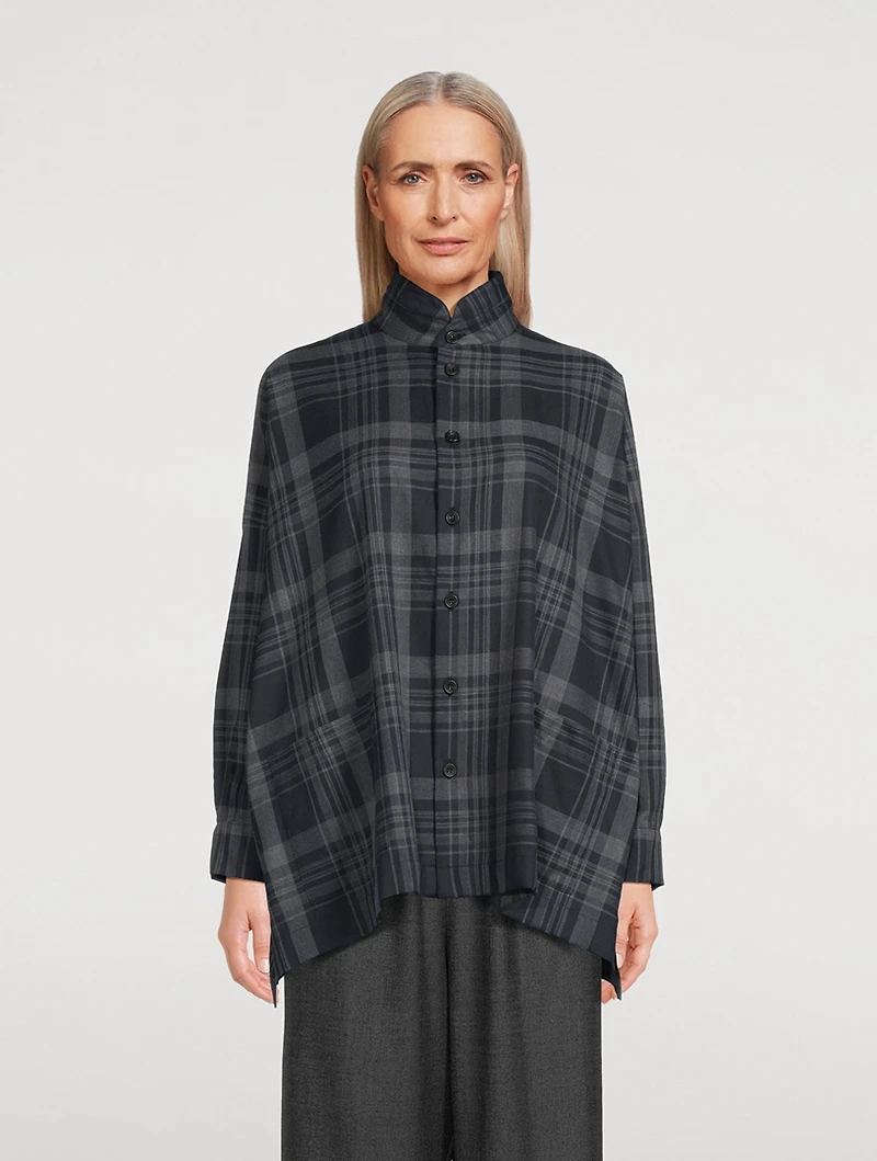 Double Stand Collar Shirt Check Print