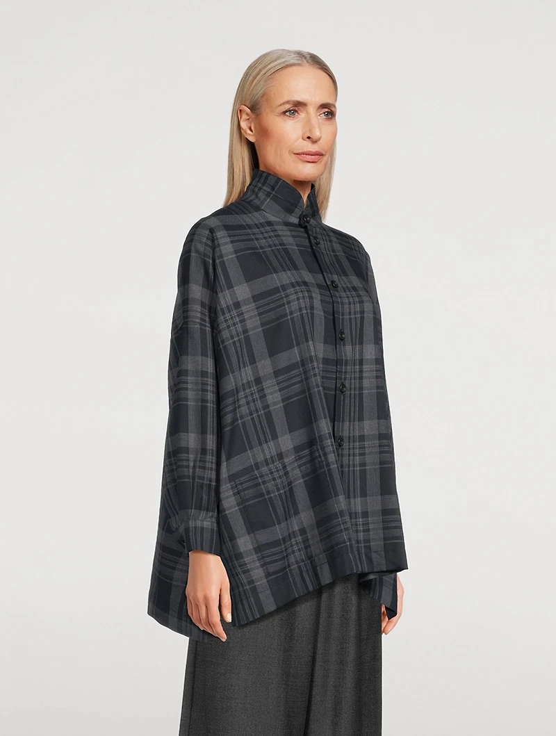 Double Stand Collar Shirt Check Print