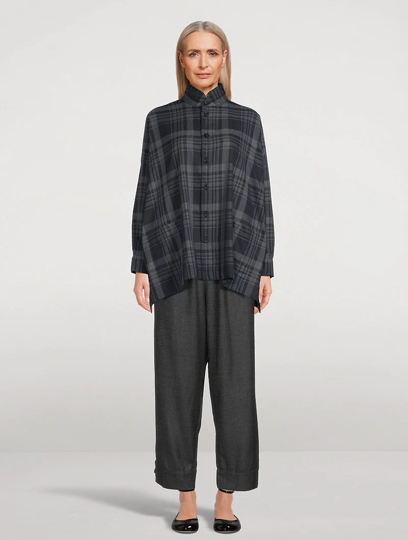 Double Stand Collar Shirt Check Print
