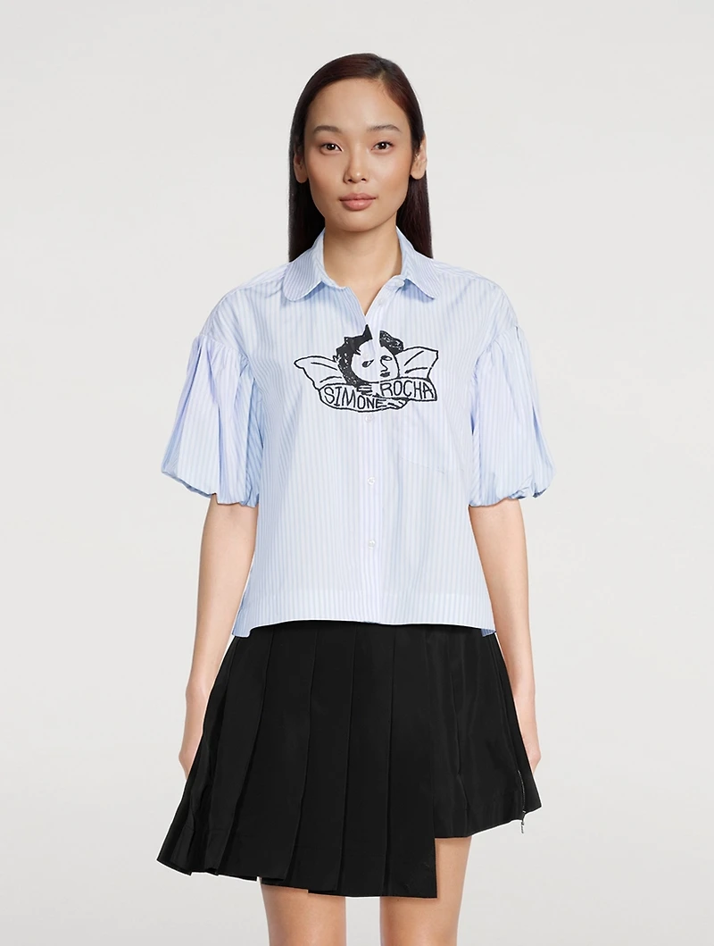 Cropped Puff-Sleeve Shirt With Graphic Print