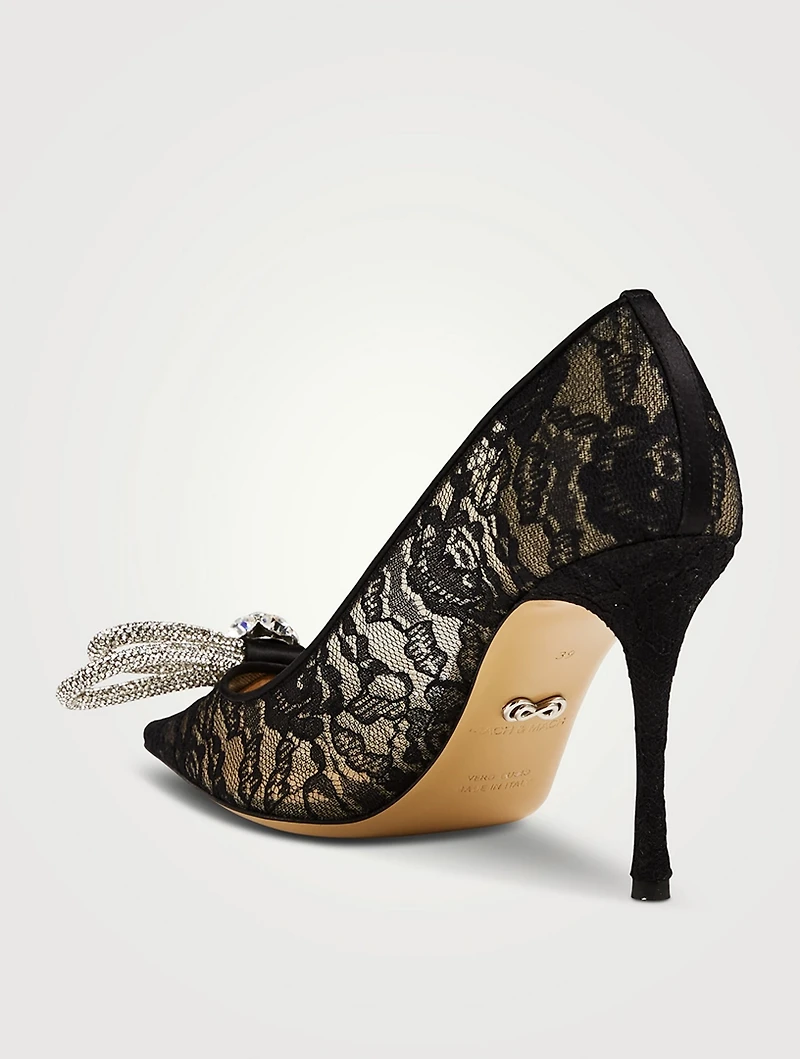 Double Bow Crystal-Embellished Lace Pumps