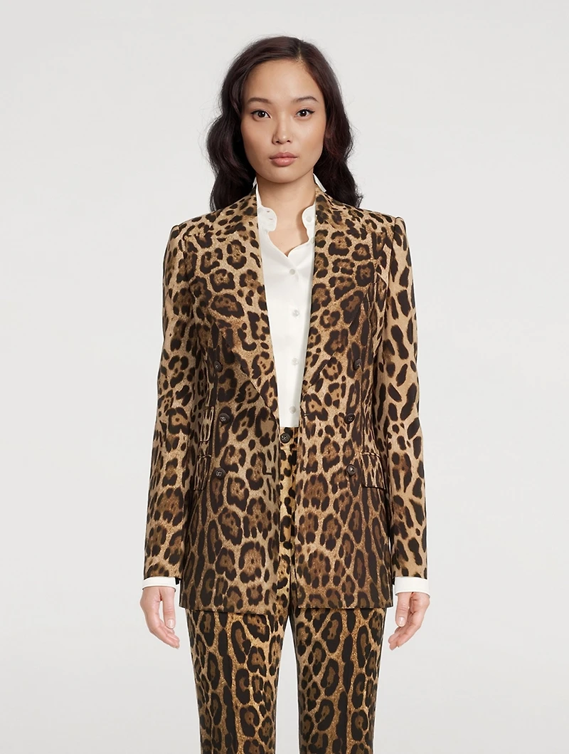 Stretch-Wool Double-Breasted Blazer Leopard Print
