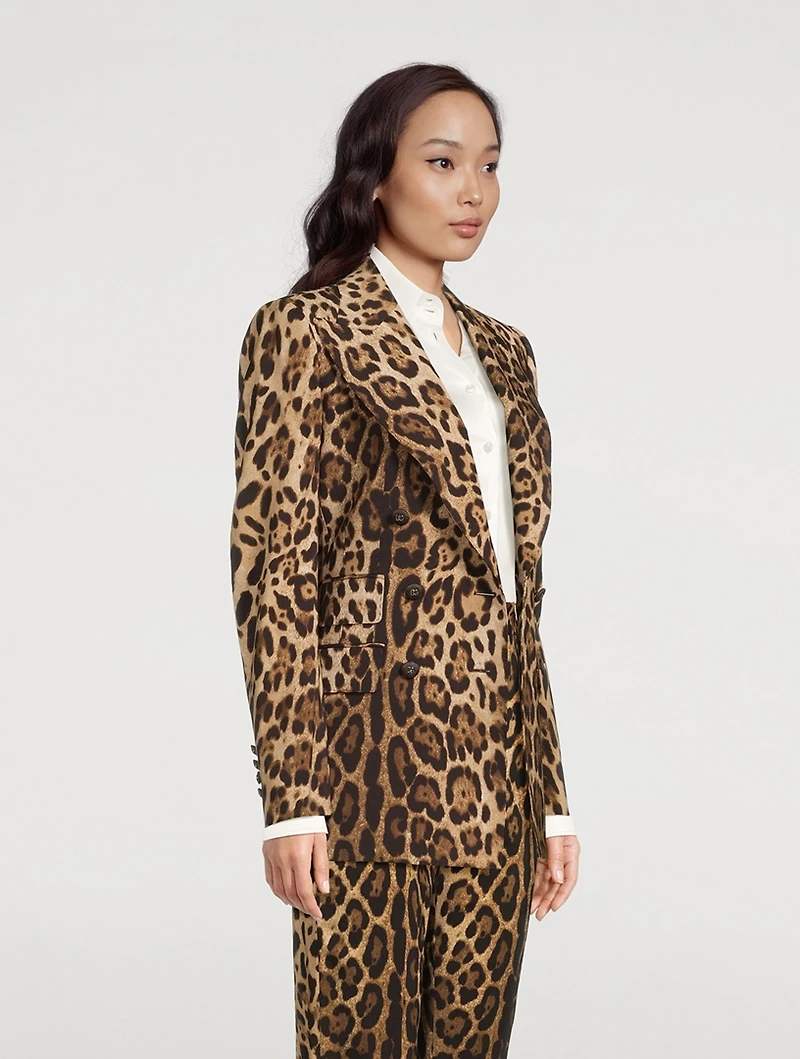 Stretch-Wool Double-Breasted Blazer Leopard Print