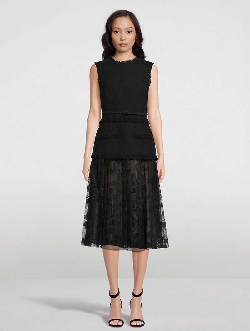 Ribbon Tweed And Velvet Guipure Midi Dress