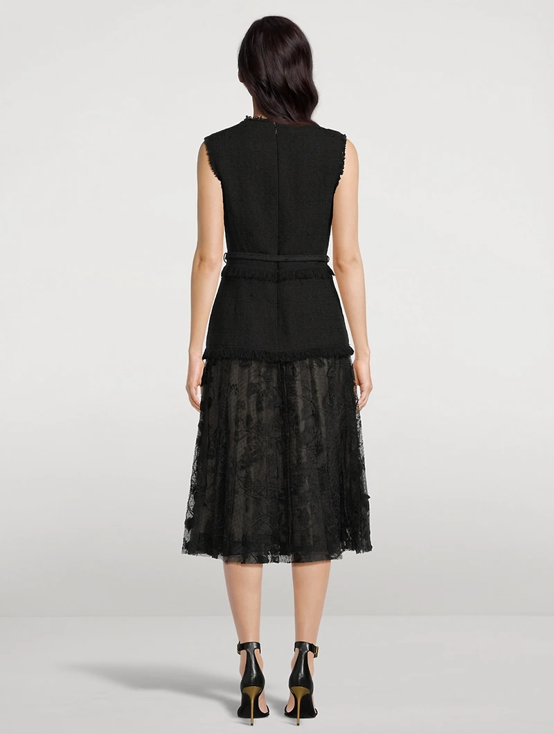 Ribbon Tweed And Velvet Guipure Midi Dress
