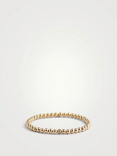 14K Gold Beaded Bracelet With Pavé Diamond Bead