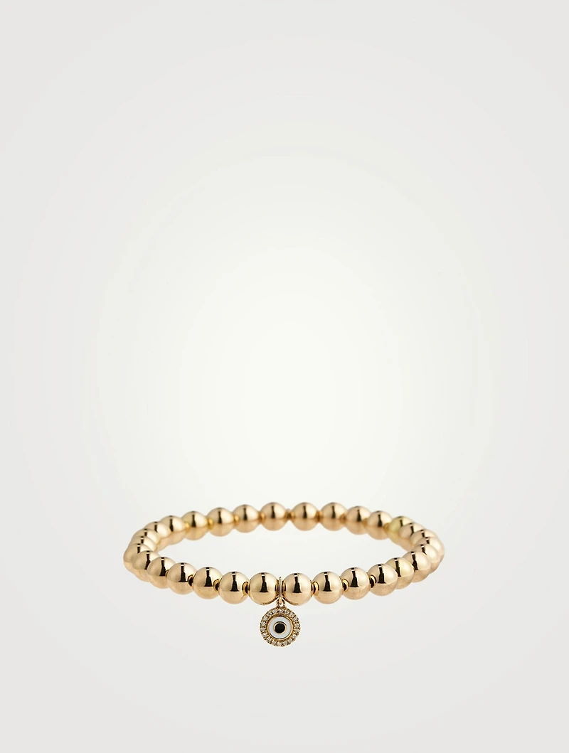 14K Gold Beaded Bracelet With Diamond Evil Eye Disc Charm